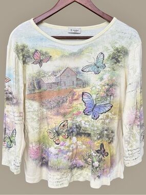 Vintage Cactus Y2K Fairycore Butterfly Cottagecore Graphic AOP 3/4 Sleeve Top L